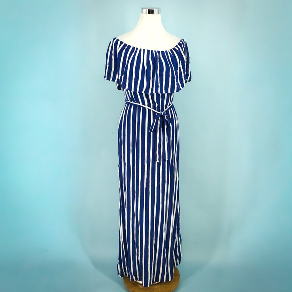 Alice + Olivia Size 6 Grazi Blue Stripe Off The Shoulder Ruffle Belt Maxi Dress - Picture 1 of 8
